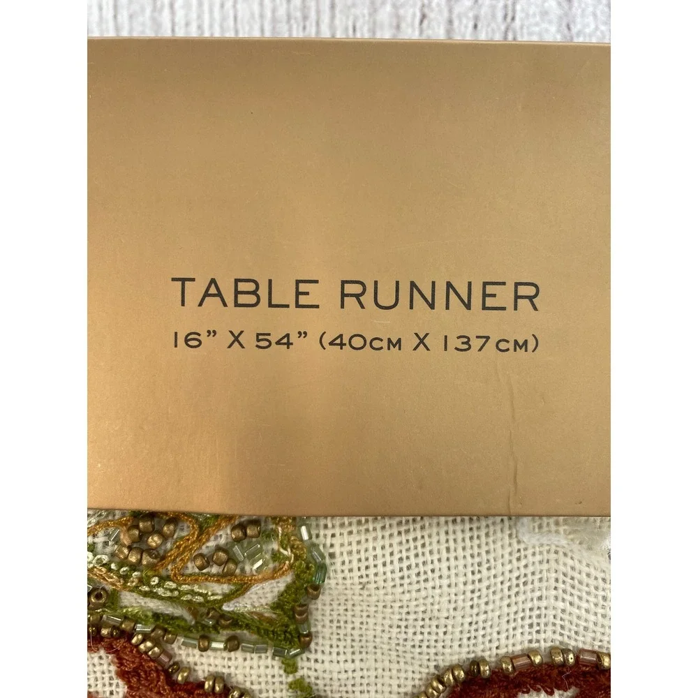 Nicole Miller Home Table Runner Fall 16x54 Cream Jute Beaded Embroidered Leaves